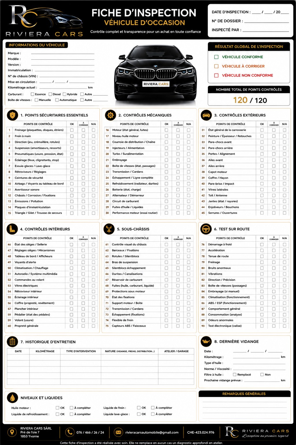 Fiche complète d'inspection Riviera Cars